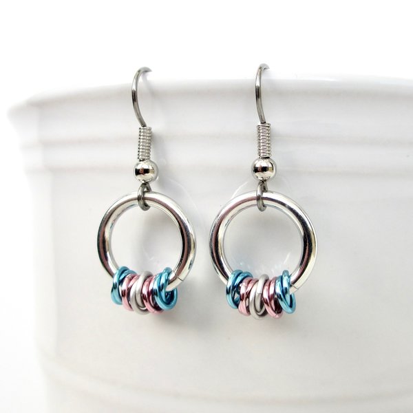 Transgender pride chainmail earrings, subtle LGBTQ pride jewelry; blue, pink, white