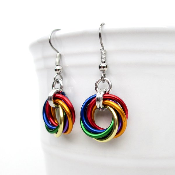 Rainbow gay pride earrings, love knot chainmail jewelry, LGBTQ pride