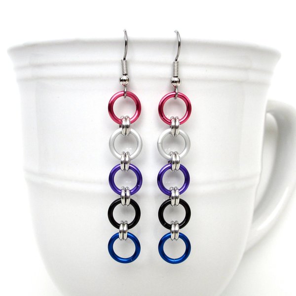 Genderfluid pride earrings, long chain LGBTQ flag chainmail jewelry