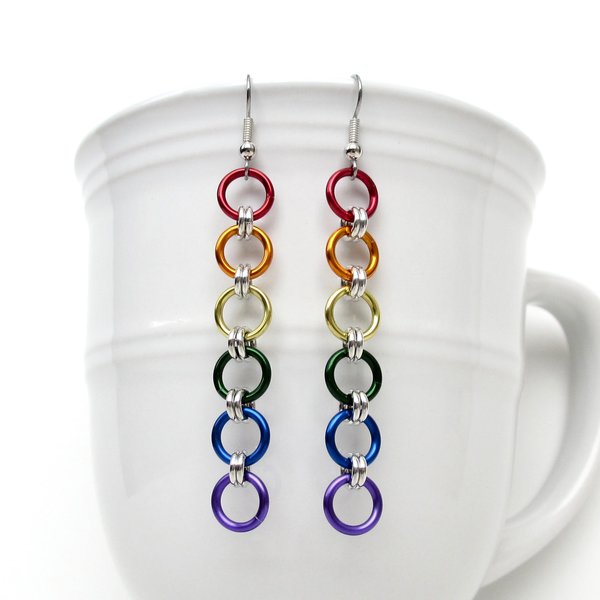Gay pride flag earrings, simple rainbow LGBTQ chainmail jewelry