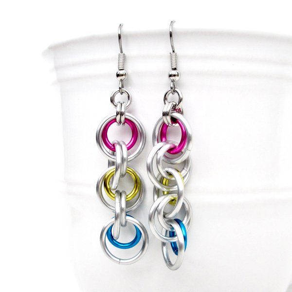 Pansexual pride jewelry, long chainmail LGBTQ earrings, pink yellow blue