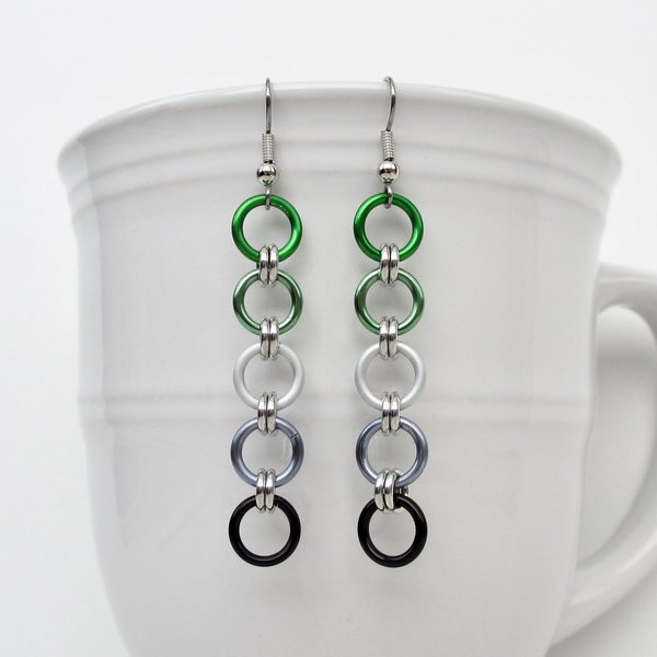 Aromantic flag pride earrings, simple LGBTQ chainmail jewelry