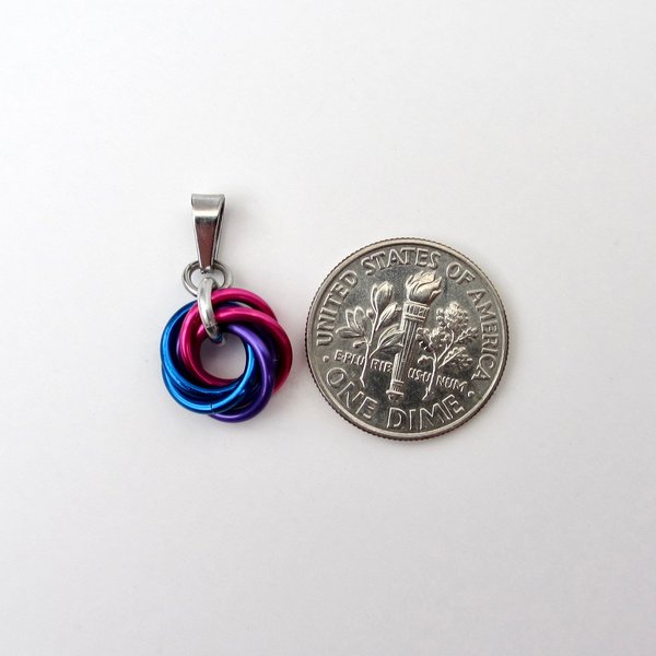 Tiny bisexual pride pendant, chainmail love knot, bi pride jewelry
