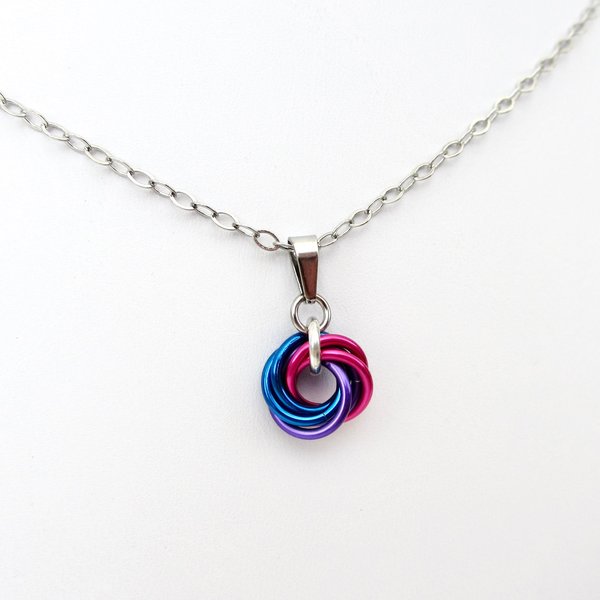 Tiny bisexual pride pendant, chainmail love knot, bi pride jewelry