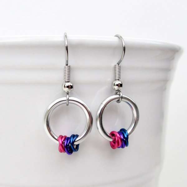 Bisexual pride chainmail earrings, subtle LGBTQ pride jewelry; pink, purple, blue