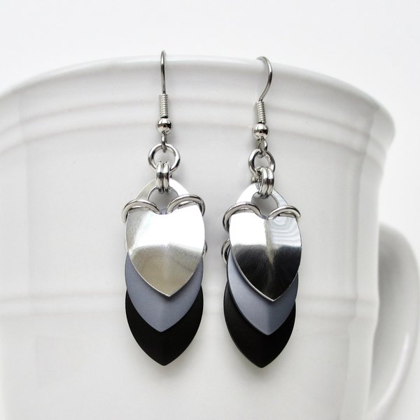 Black, gray and silver aluminum chainmail scales earrings