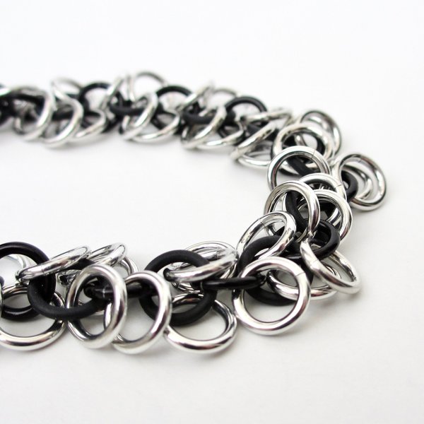 Black and silver aluminum stretch bracelet, chainmail shaggy loops weave, fidget jewelry