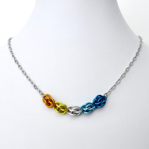 Aroace pride necklace, chainmail jewelry, Sweetpea weave - orange, yellow, white, light blue, blue