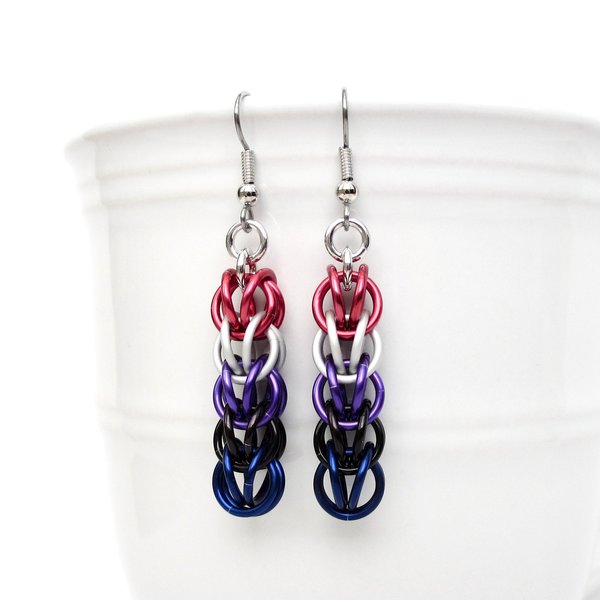 Genderfluid pride earrings, chainmail full Persian weave, lightweight anodized aluminum jewelry