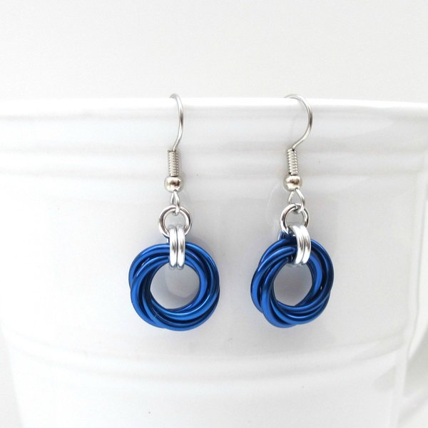 Blue chainmaille Love Knot earrings, small blue hoop earrings, petite jewelry, chainmaille jewelry