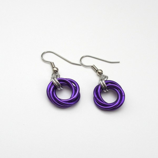 Purple love knot earrings, chainmail earrings, purple jewelry, small circle earrings
