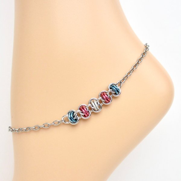 Transgender pride anklet, chainmail barrel weave, subtle trans flag jewelry gifts, anodized aluminum and stainless steel