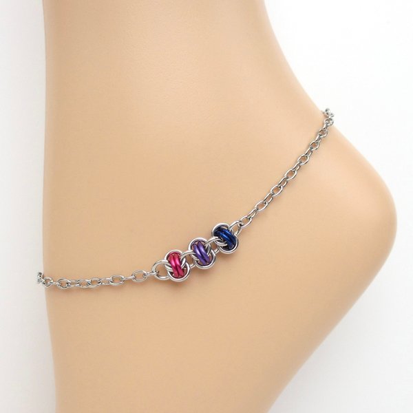 Bi pride anklet, chainmail barrel weave, subtle bisexual jewelry gifts