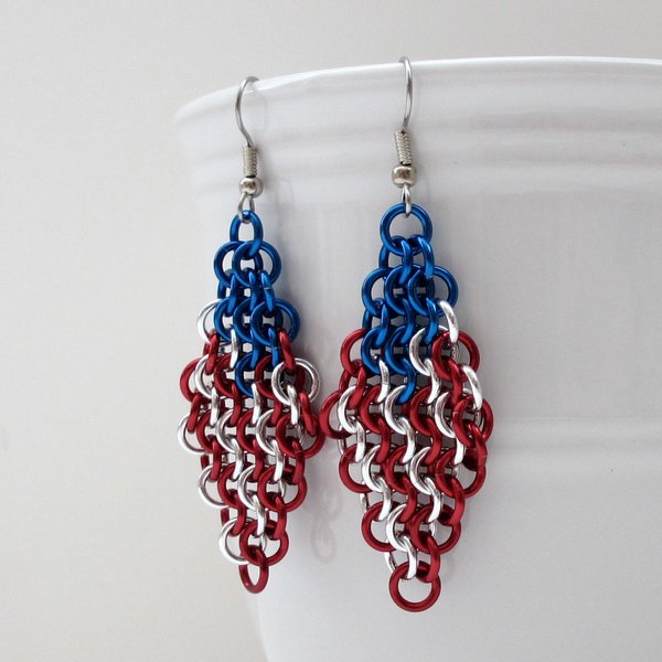 American flag earrings, chainmail European 4 in 1 weave, red white and blue earrings