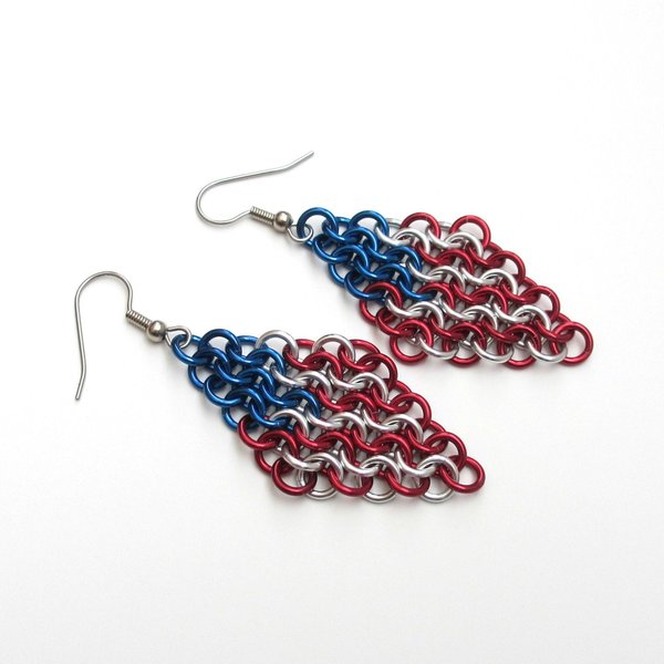 American flag earrings, chainmail European 4 in 1 weave, red white and blue earrings