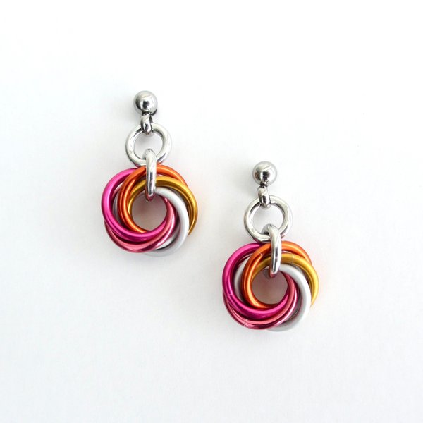 Tiny lesbian pride earrings, mini love knot chainmail jewelry, 5 color sunset pride flag