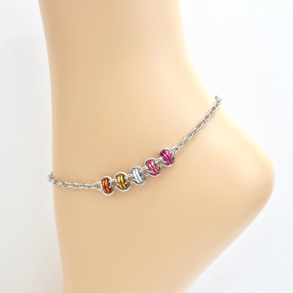Lesbian pride anklet, chainmail barrel weave, LGBTQ sunset flag jewelry gifts, anodized aluminum and stainless steel