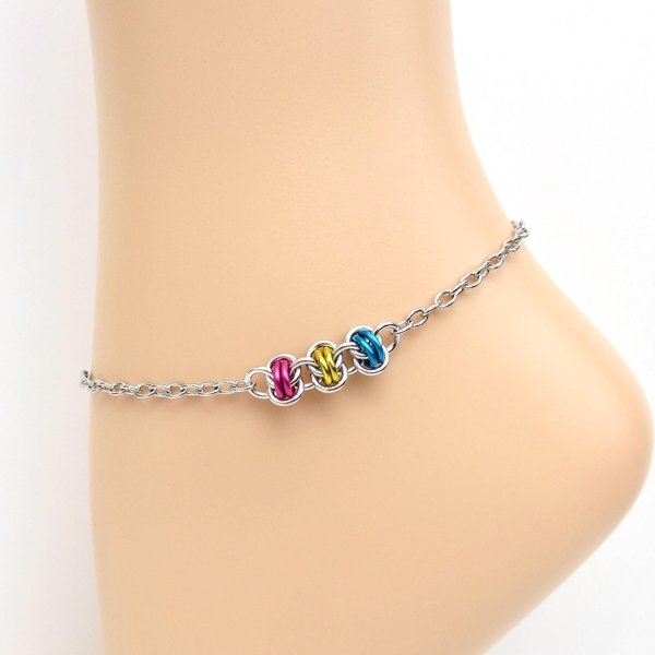 Pansexual pride anklet, chainmail barrel weave, subtle LGBTQIA jewelry gifts