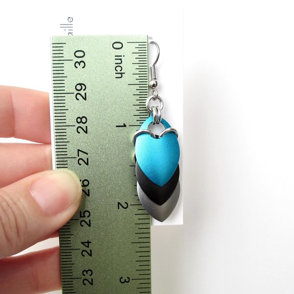 Turquoise, black, and gray earrings, anodized aluminum chainmail dragon scales, team sport game day jewelry, team spirit accessories