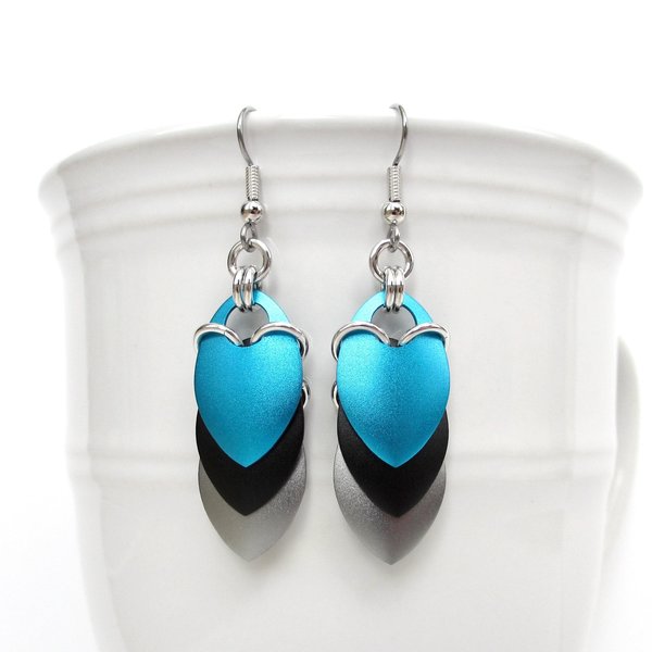 Turquoise, black, and gray earrings, anodized aluminum chainmail dragon scales, team sport game day jewelry, team spirit accessories