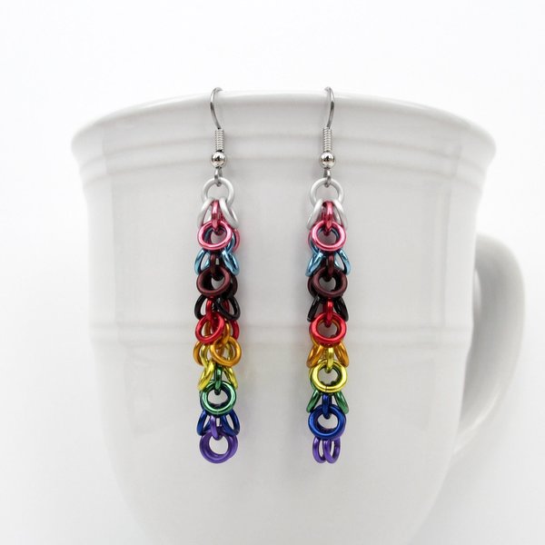 Progress pride flag earrings, inclusive LGBTQIA jewelry, chainmail shaggy loops weave