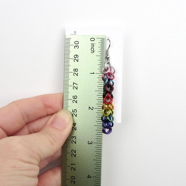 Progress pride flag earrings, inclusive LGBTQIA jewelry, chainmail shaggy loops weave