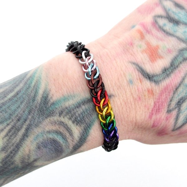 Progress pride flag bracelet, stretchy chainmail half Persian 3 in 1 weave, discreet LGBTQIA jewelry