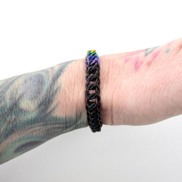 Progress pride flag bracelet, stretchy chainmail half Persian 3 in 1 weave, discreet LGBTQIA jewelry