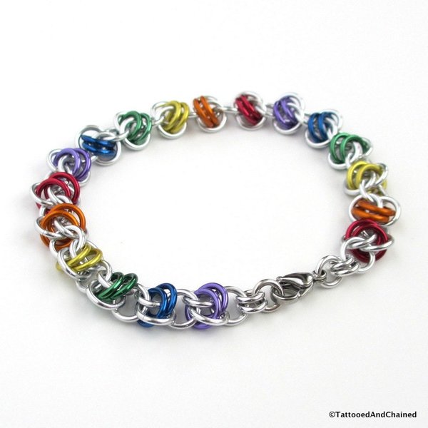 Gay pride bracelet, LGBT chainmaille bracelet, rainbow jewelry, barrel weave chainmaille