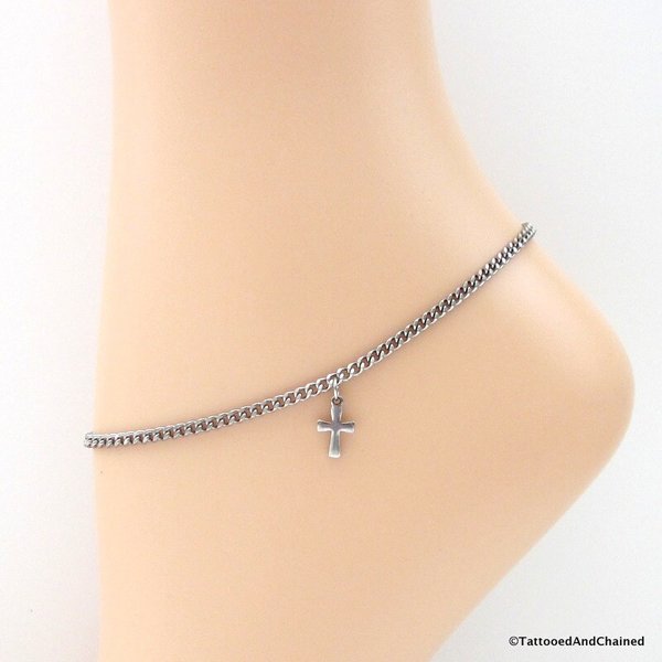 Cross anklet, stainless steel 3mm curb chain anklet