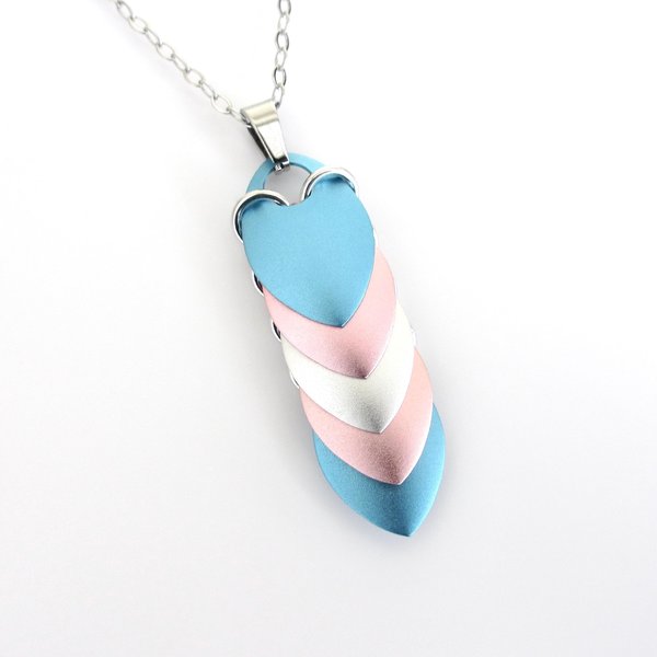 Transgender Pride Pendant Necklace, 5 stripe flag, handmade scalemail jewelry in pastel blue, pink & white- LGBTQ+ pride gift