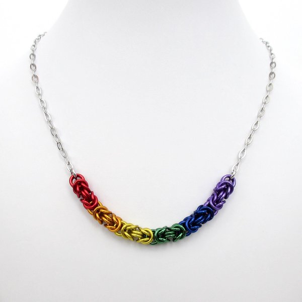 Gay pride necklace, rainbow chainmail byzantine weave LGBTQ+ jewelry, choose your length