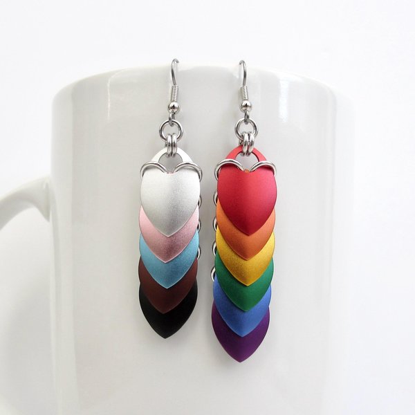 Progress pride flag earrings, mismatched LGBTQIA chainmail scales jewelry, lightweight anodized aluminum