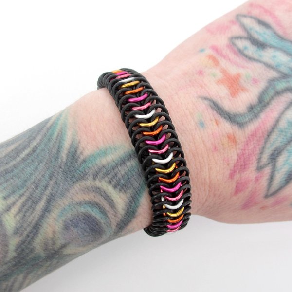 Lesbian pride stretch bracelet, 5 stripe sunset flag, chainmail Euro 6 in 1 weave LGBTQ jewelry