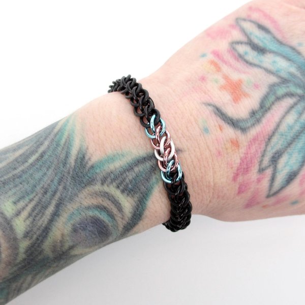 Transgender pride flag bracelet, stretchy chainmail half Persian 3 in 1 weave, subtle and discreet LGBTQIA jewelry