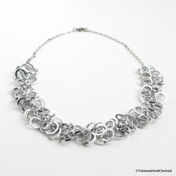Silver chainmail necklace, square wire shaggy loops weave, women's jewelry