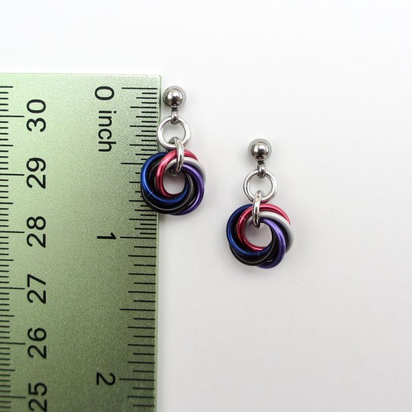 Tiny genderfluid pride earrings, handmade chainmail love knot LGBTQ+ jewelry, stainless steel studs