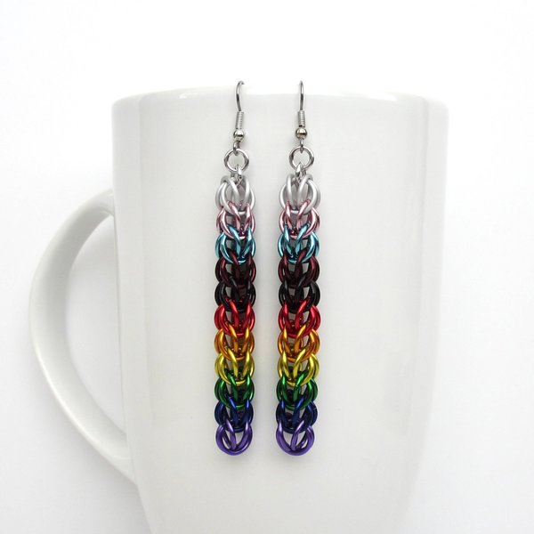 Handmade progress pride flag earrings, LGBTQ+ chainmail full Persian weave jewelry, choose stainless steel hooks or lever backs