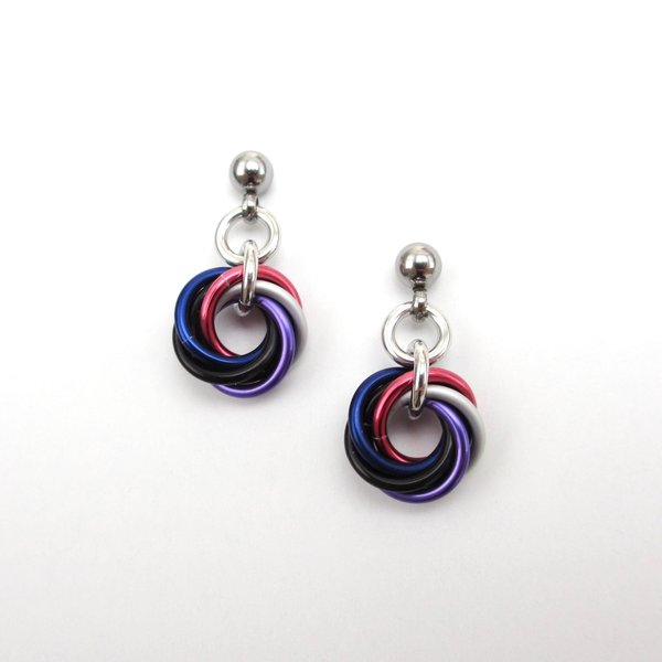Tiny genderfluid pride earrings, handmade chainmail love knot LGBTQ+ jewelry, stainless steel studs