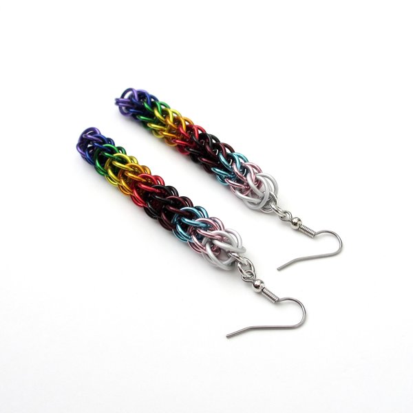 Handmade progress pride flag earrings, LGBTQ+ chainmail full Persian weave jewelry, choose stainless steel hooks or lever backs