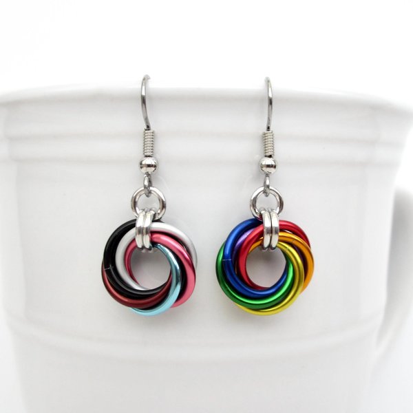 Handmade Progress Pride earrings, small love knot rainbow LGBTQ+ chainmail jewelry, inclusive pride gift