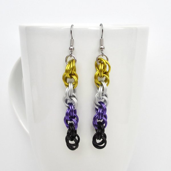 Handmade Nonbinary pride chainmail earrings, double spiral weave LGBTQ+ jewelry, choice of ear wire styles