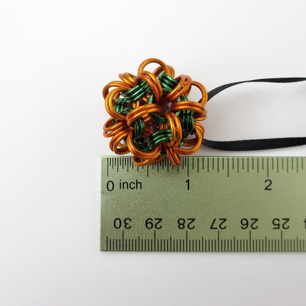 Halloween mini ornament or bag charm, chainmail dodecahedron ball, pumpkin orange and green seasonal decoration