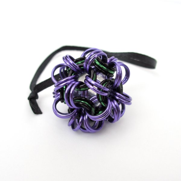 Halloween bag charm or mini ornament, handmade chainmail dodecahedron ball - purple, black, and green seasonal decoration