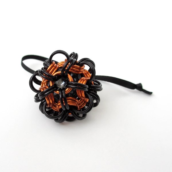 Halloween ornament, handmade chainmail dodecahedron ball, black and orange fall seasonal decoration