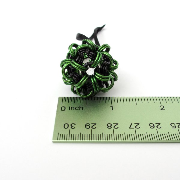 Halloween ornament in gothic green and black, handmade chainmail dodecahedron ball, unique bag charm