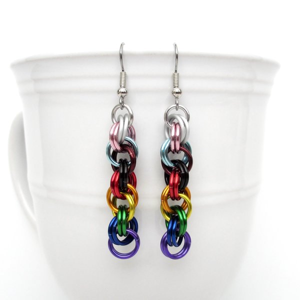 Progress pride flag earrings, handmade chainmail double spiral weave LGBTQ+ jewelry, rainbow, trans and BIPOC colors