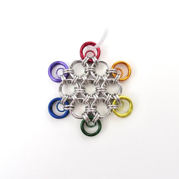 Gay pride snowflake ornament, handmade rainbow chainmail holiday decoration