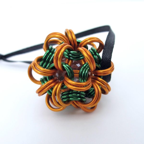 Halloween mini ornament or bag charm, chainmail dodecahedron ball, pumpkin orange and green seasonal decoration