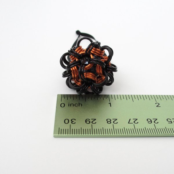 Halloween ornament, handmade chainmail dodecahedron ball, black and orange fall seasonal decoration